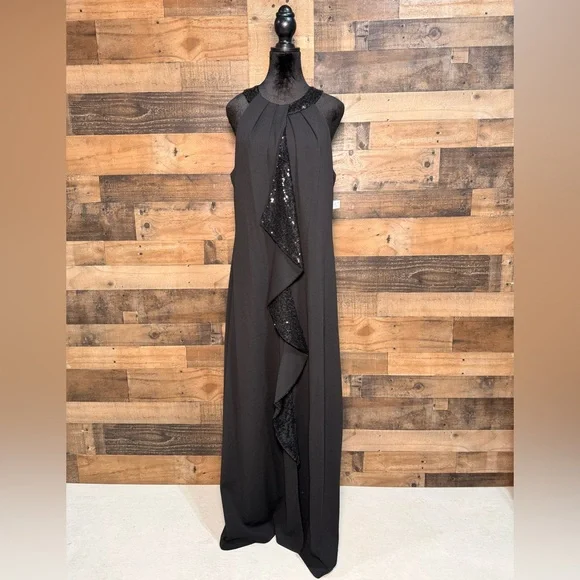 NEW NWT SLNY Women's Black Cocktail Dress Ruffled Floor Length Size 14 - Picture 1 of 5